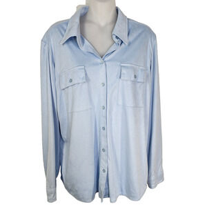 Chicos Shirt Womens Size 2 Large Blue Microsuede Button Up Pockets Long Sleeve